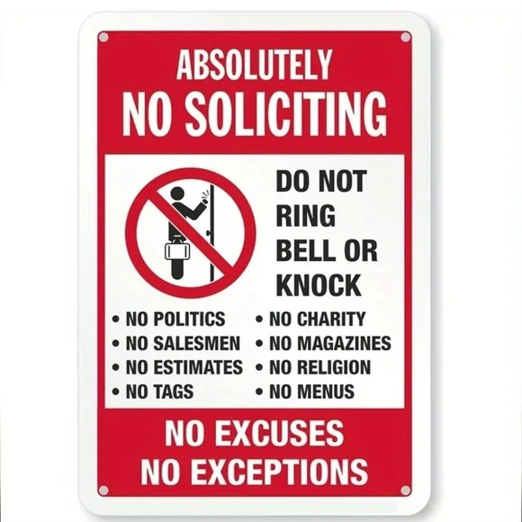 "absolutely no soliciting no excuses exceptions"  tin metal sign - Picture 2 of 3
